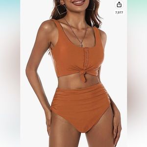 NEW ZAFUL Women's Knot Scoop Neck Ruched High Waisted Two Piece Swimsuit Sz: 4